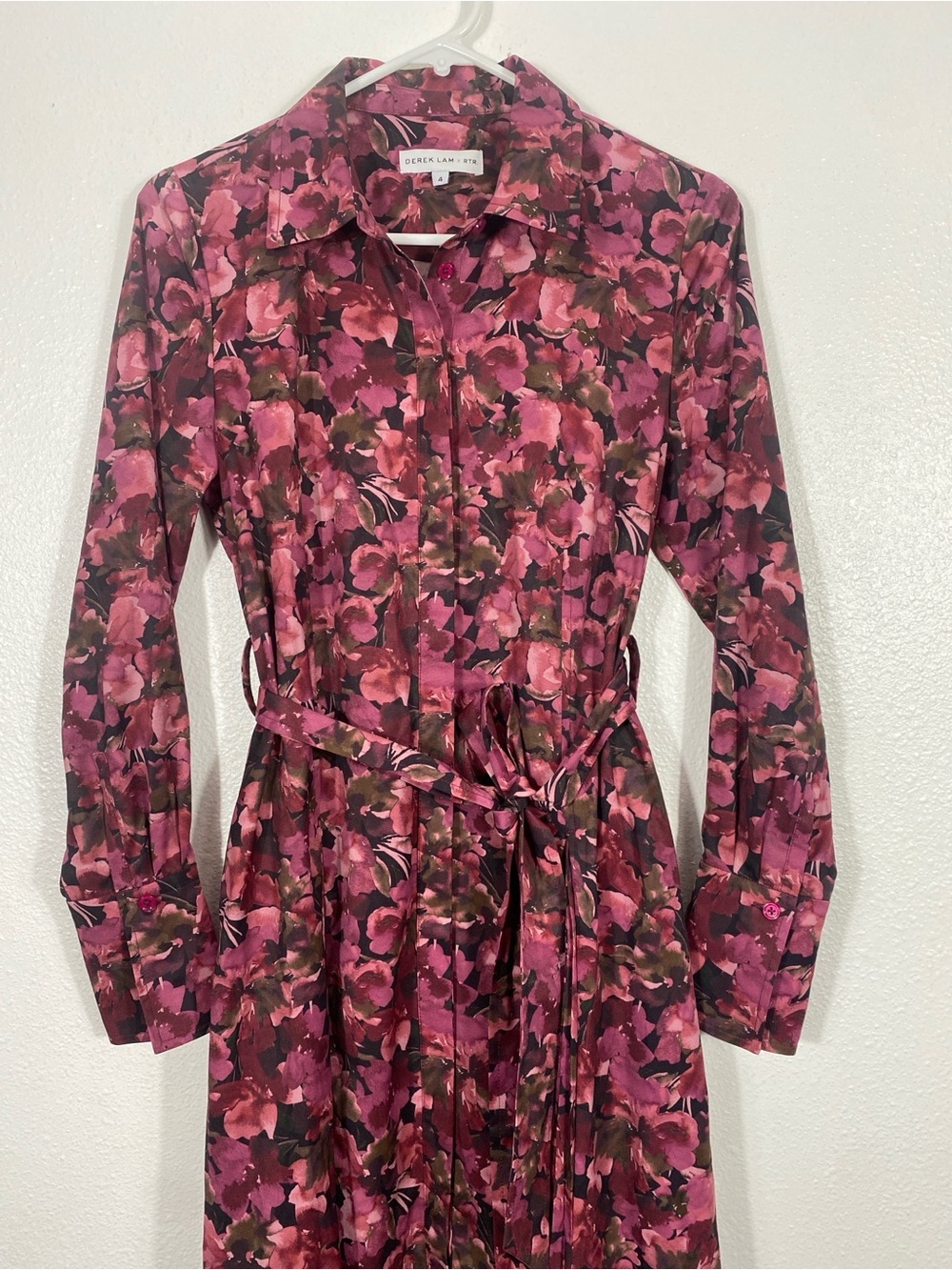 10 Crosby Derek Lam Maroon and Pink Floral Long-Sleeve Pleated Dress Size 4 - Picture 3 of 16